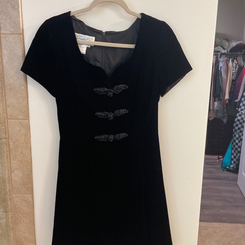 Velvet dress, black with satin, Asian detailing, size 10